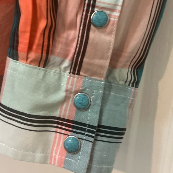 Wrangler Retro Teal and Orange Plaid Western Rodeo Turquoise Snap Shirt, Size S - Picture 6 of 9